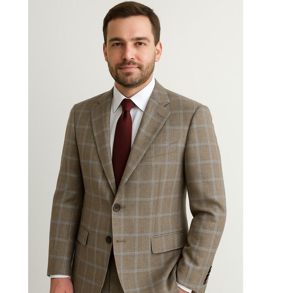 Jos A Bank Men’s Blazer 44R Tan Plaid Wool Silk Linen Sport Coat Traditional Fit